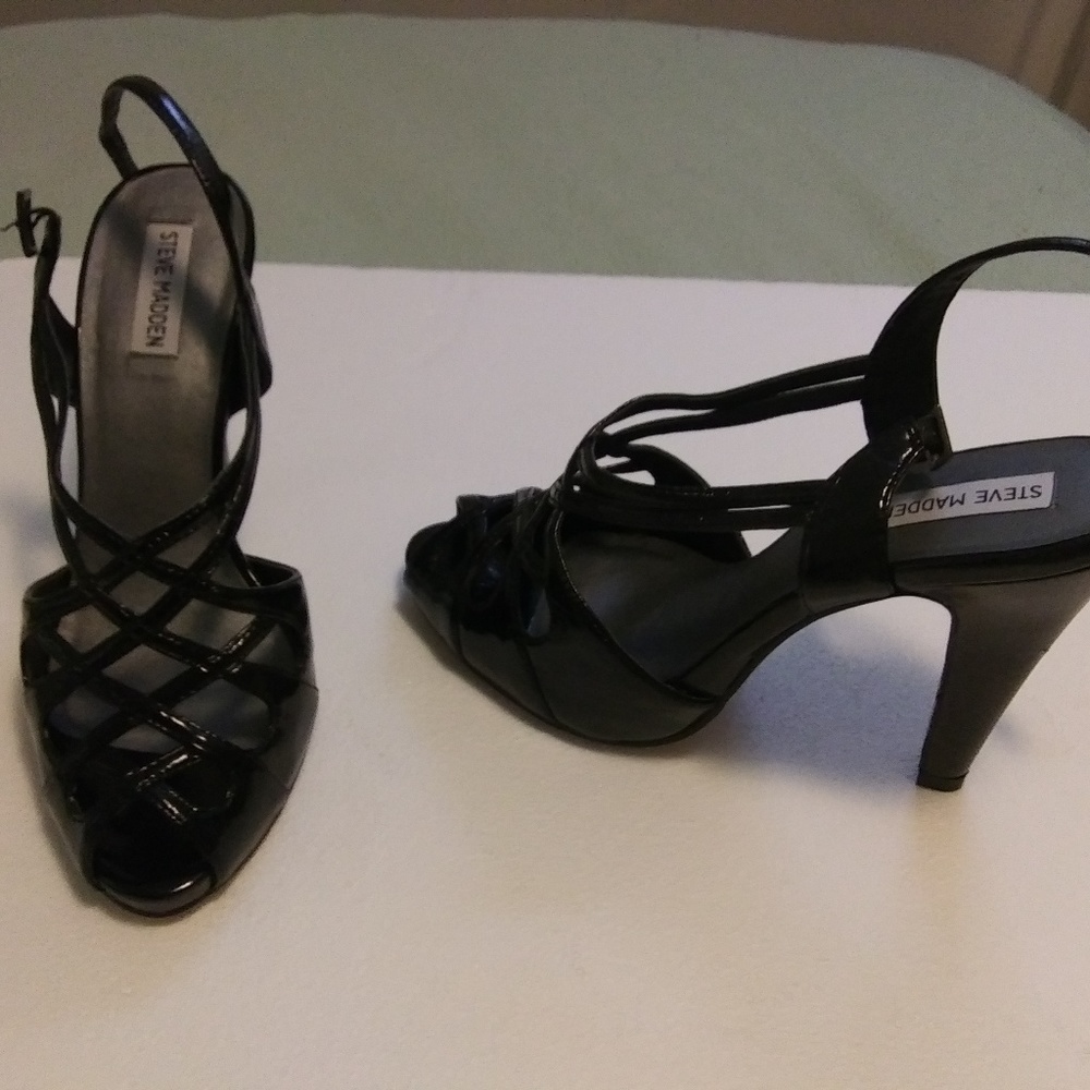 NEW Black Patent Strappy Heels, Size 10 wider fit